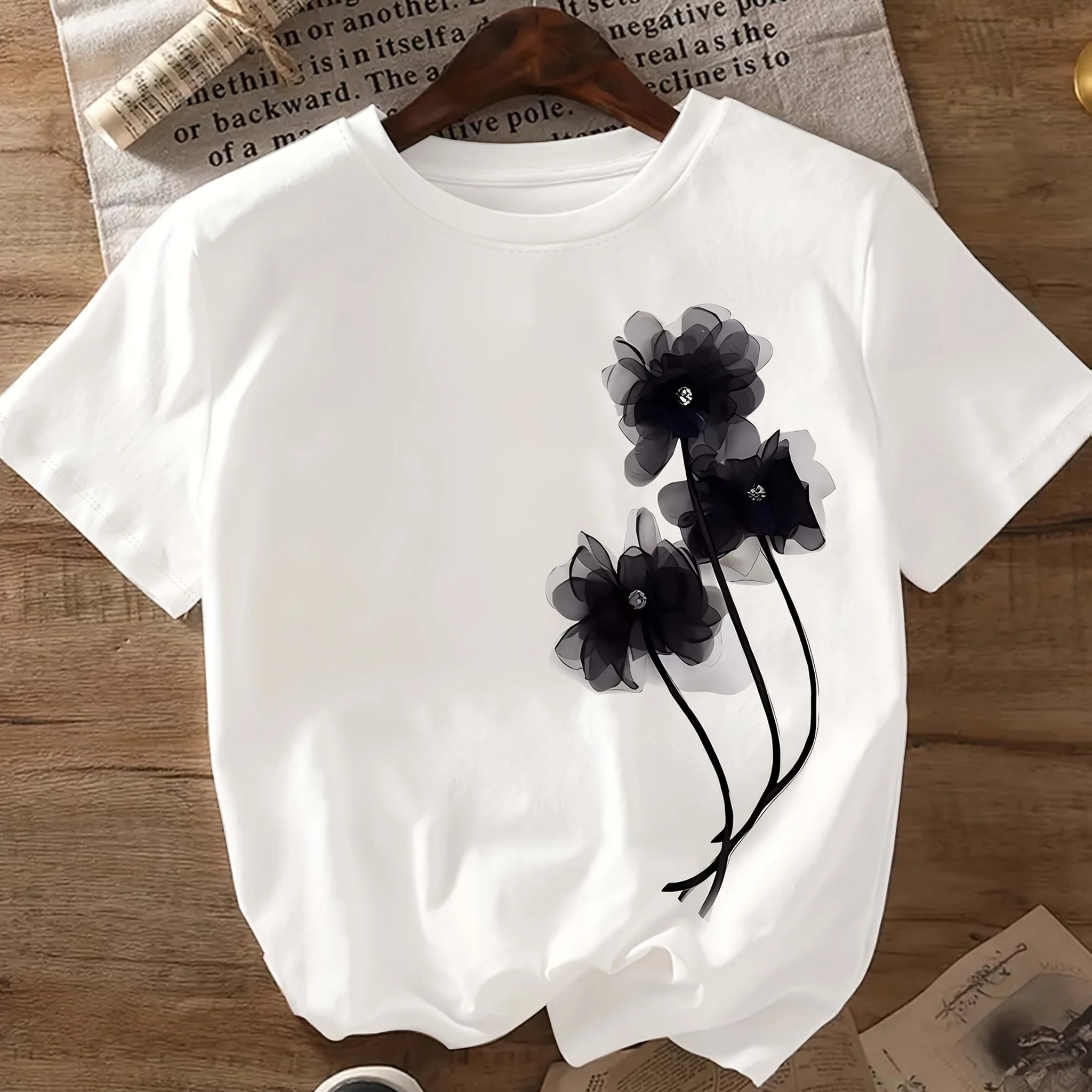 Women's Casual T-Shirt - Black Floral Print Short Sleeve Crew Neck Top Lightweight Breathable Fabric Ladies T Shirts - OneLoveCanada