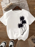 Women's Casual T-Shirt - Black Floral Print Short Sleeve Crew Neck Top Lightweight Breathable Fabric Ladies T Shirts - OneLoveCanada