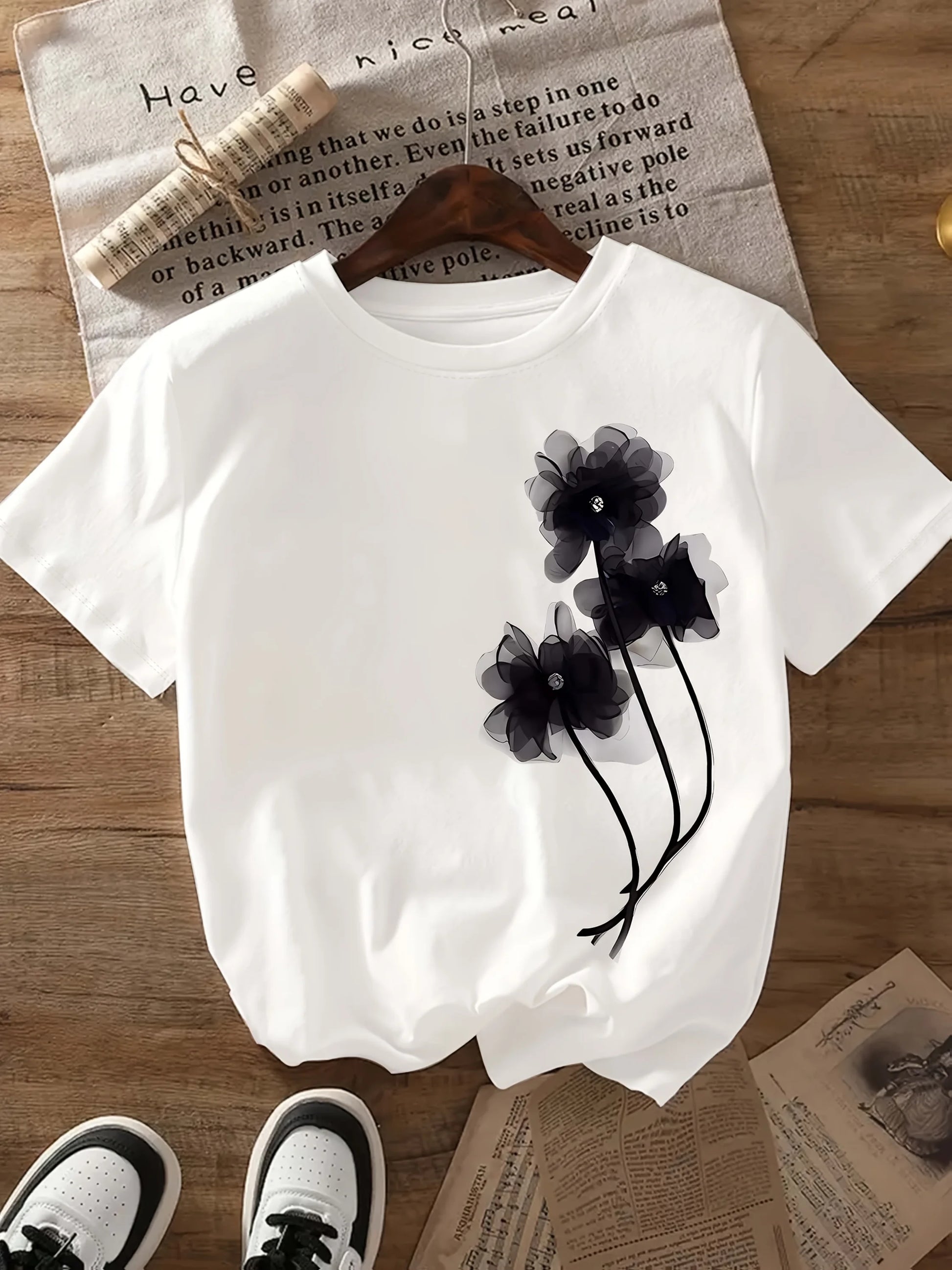 Women's Casual T-Shirt - Black Floral Print Short Sleeve Crew Neck Top Lightweight Breathable Fabric Ladies T Shirts - OneLoveCanada