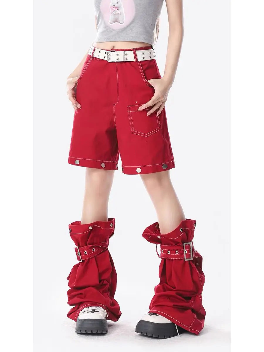 Spicy Girl High Street Red Cargo Jeans Women Summer American Retro Detachable Design High Waist Loose Casual Wide Leg Pants