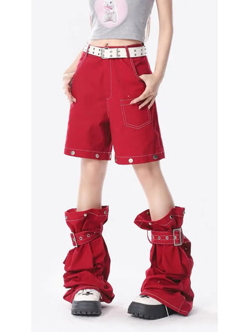 Spicy Girl High Street Red Cargo Jeans Women Summer American Retro Detachable Design High Waist Loose Casual Wide Leg Pants