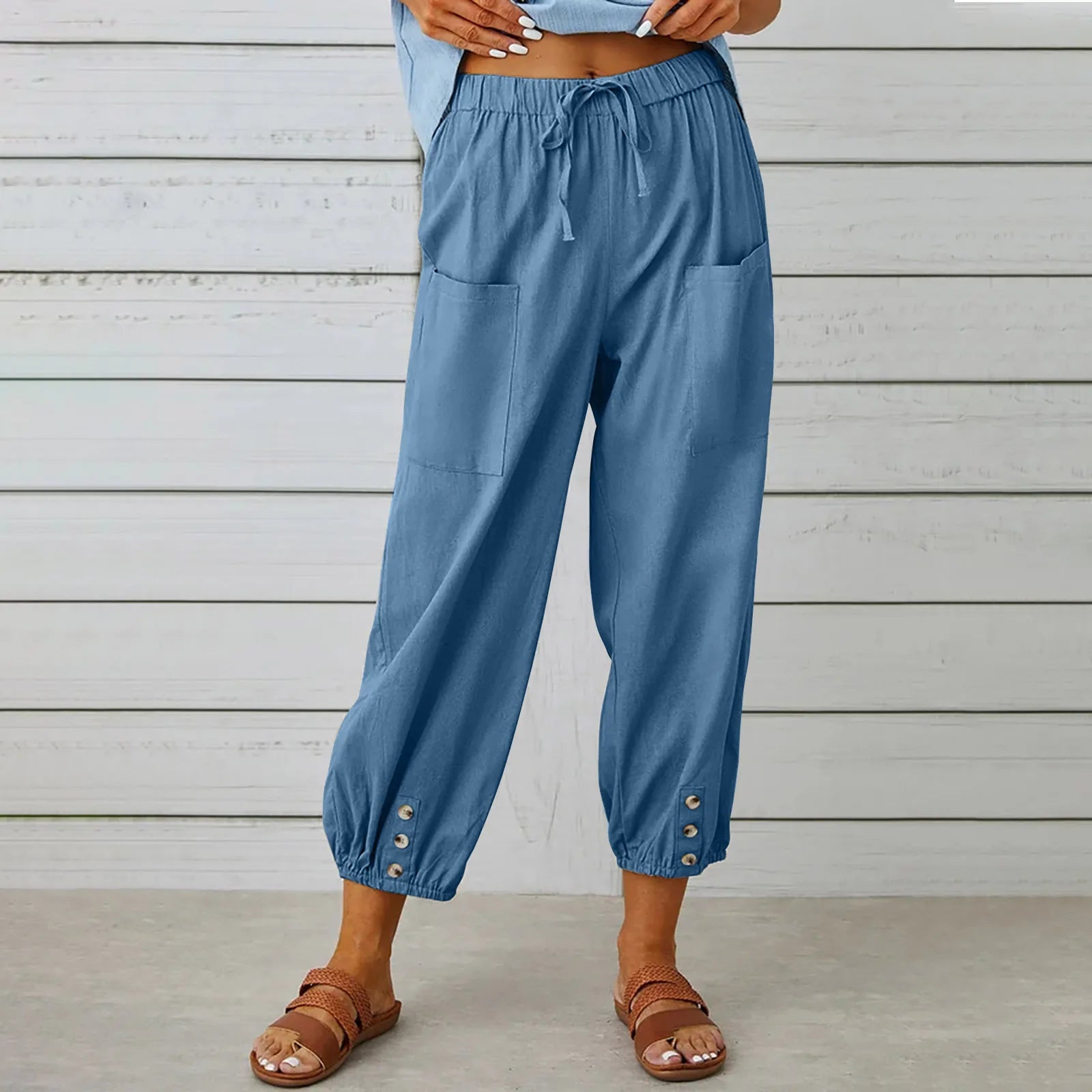 Women Simple Casual Trousers Cotton Linen Solid Color Pockets Drawstring Trousers Summer Thin Ladies Elastic Waist Chino Pants