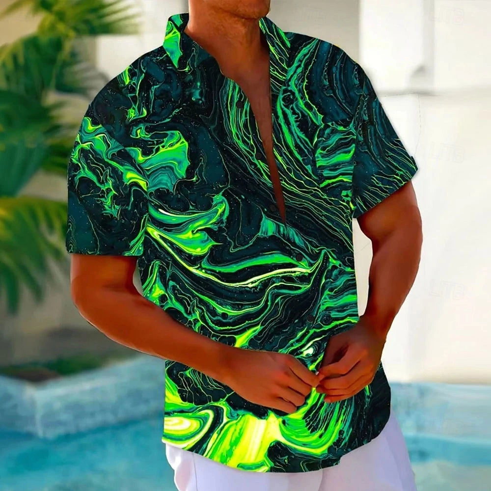 Men's Shirt Color Ink 3D Printing Hawaiian Shirts for Men Casual Short Sleeve Lapel Tops Loose Oversized Shirt Men Clothing