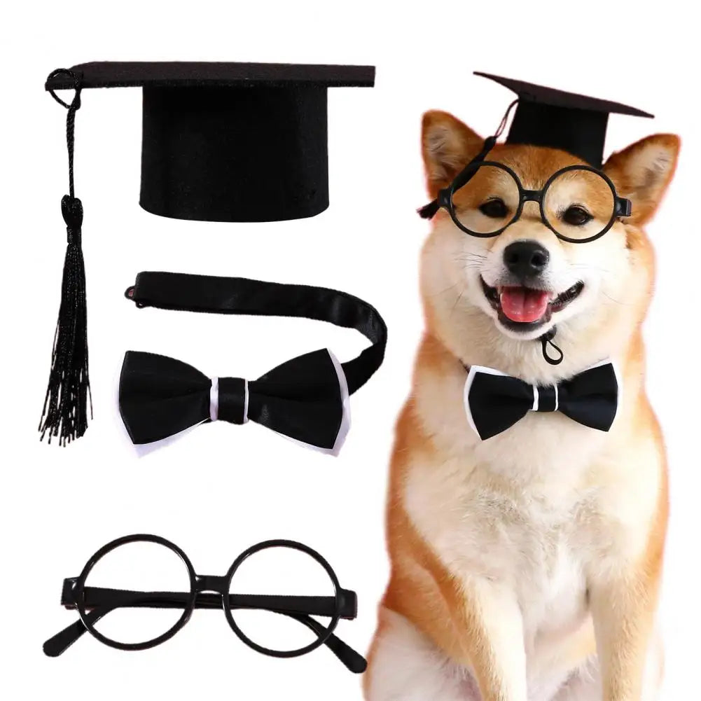 1 Set Pet Graduation Suit Adorable Adjustable with Tassel Felt Pet Cats Dogs Cosplay Hat Collar Glasses Set Pet Accessories