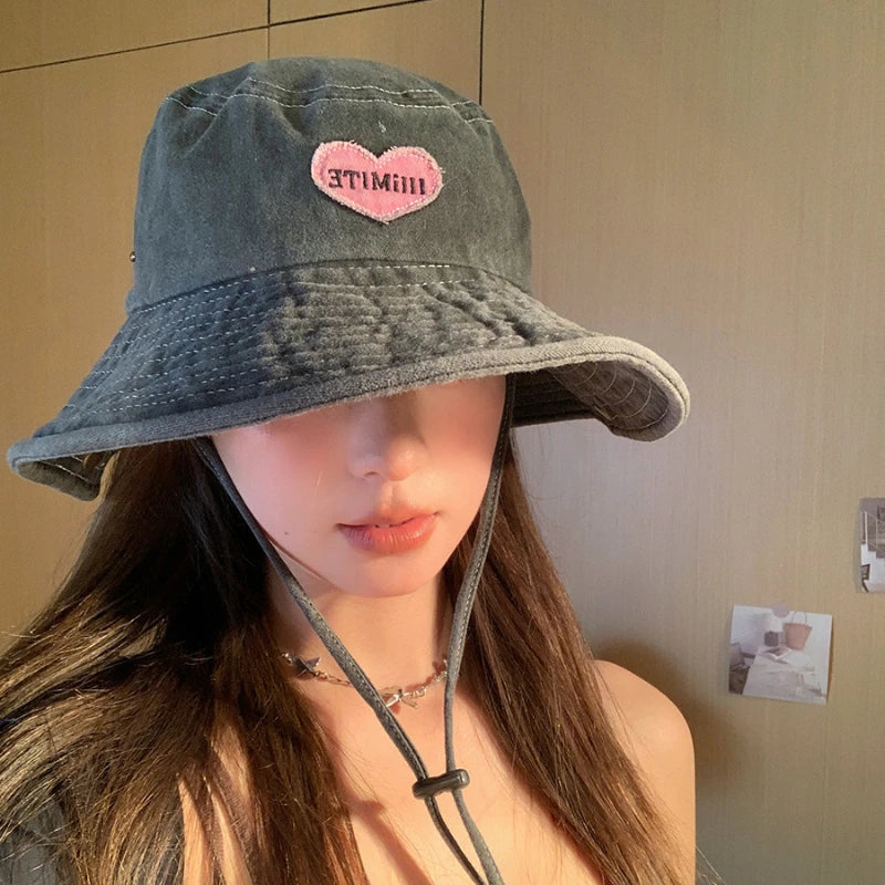 Japanese Retro Washed Cowboy Hats for Women Spring and Summer Outdoor Camping Sun Protection Sweet Pink Love Bucket Caps - OneLoveCanada