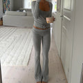 Women y2k Yoga 2 Piece Outfits Casual Solid Color Tie up Hem Wrap Long Sleeves Tops and Elastic Flare Pants Set Streetwear - OneLoveCanada