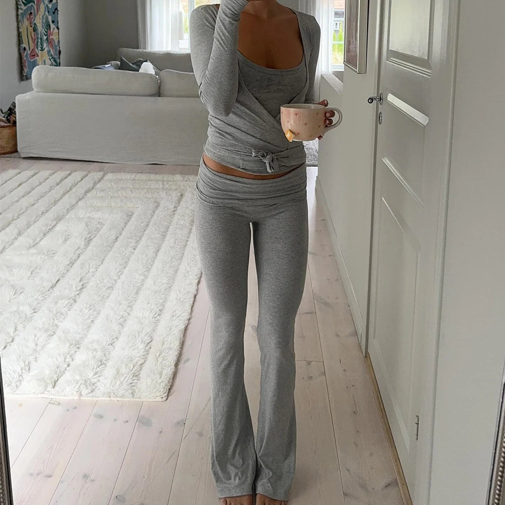 Women y2k Yoga 2 Piece Outfits Casual Solid Color Tie up Hem Wrap Long Sleeves Tops and Elastic Flare Pants Set Streetwear - OneLoveCanada