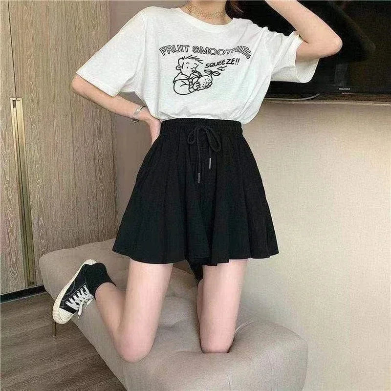 5 Sizes Summer Shorts Skirts Women Elastic High Waist Casual Wide Leg Shorts Korean A Line Loose Mini Skirt Black Short Pants