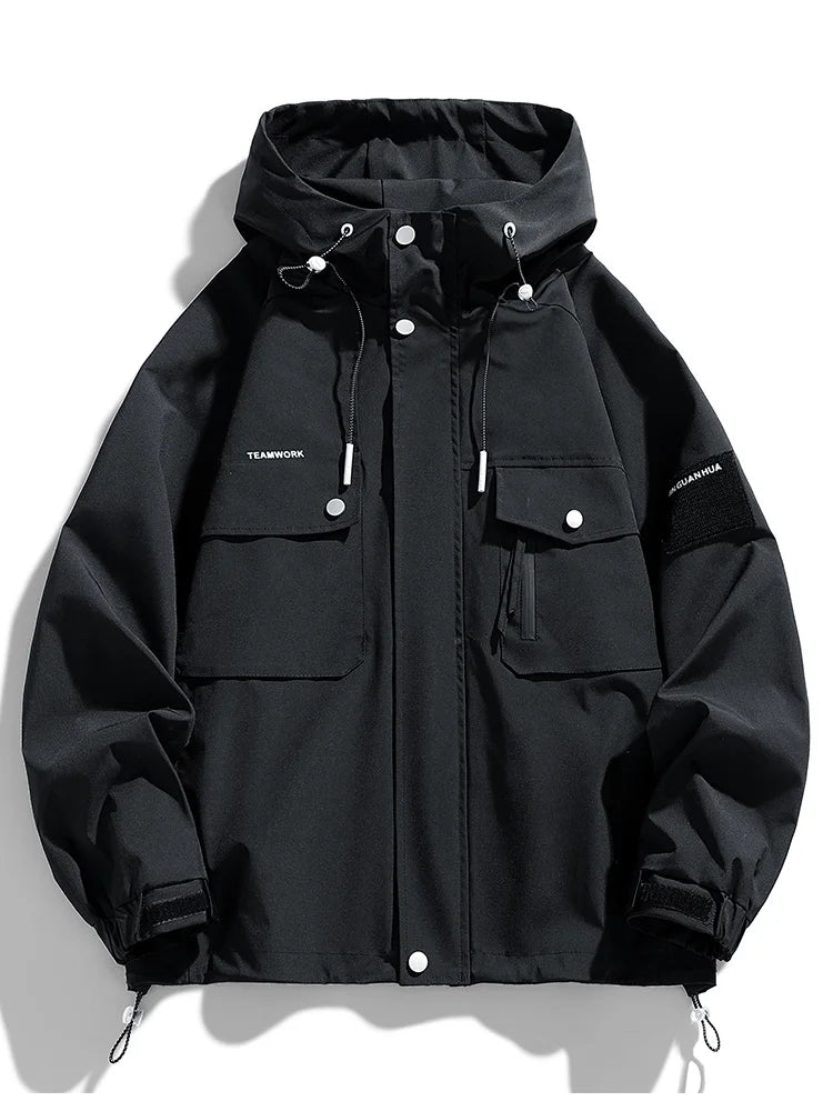 Men's Jacket Korean Style Multi-Pockets Hooded Windbreaker Unisex Oversized Coat Streetwear Black Windproof Casual Jackets