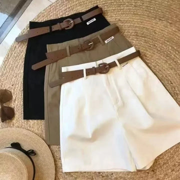 Chic Fashion Office Lady's Shorts With Belt Elegant Women's Straight Leg Shorts Korean Matching Basic Female New Wide Leg Shorts