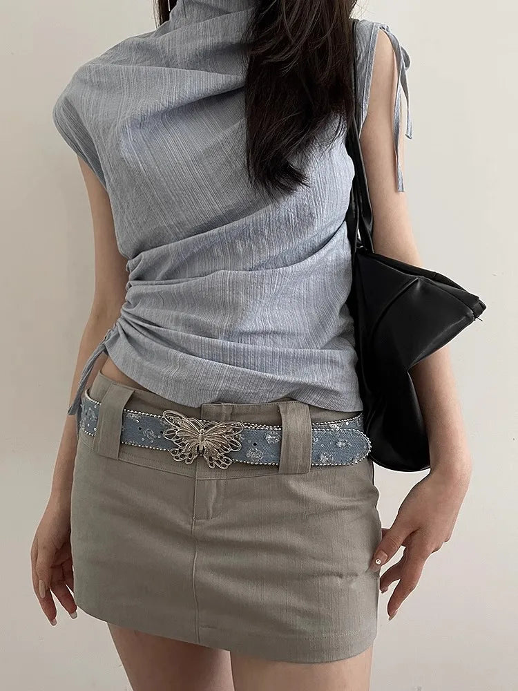 The Belt Lady Canvas New Summer Decoration Butterfly Smooth Buckle Belt With Jeans Tie-In Korean Version