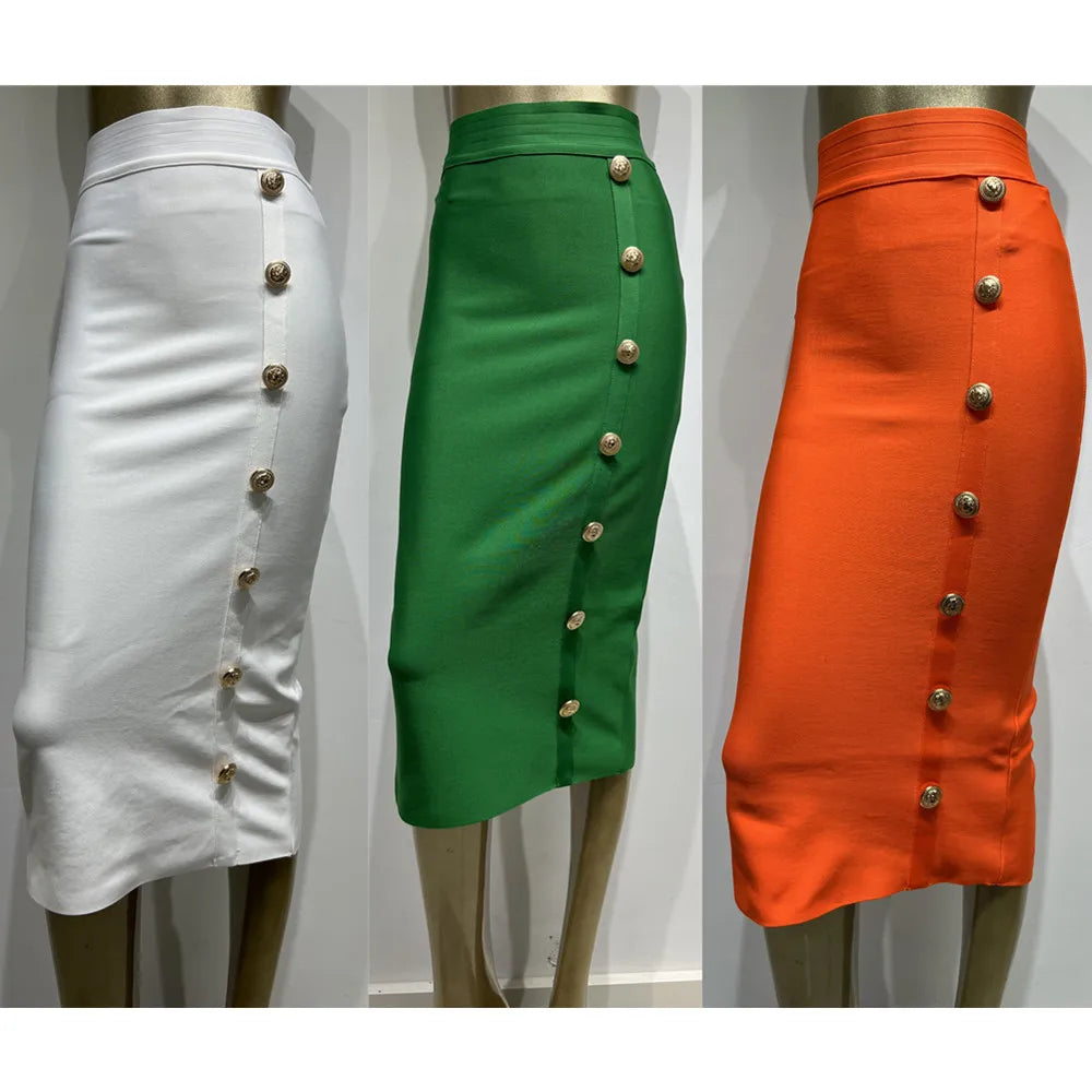 Spring New Women Bandage Skirts Elegant High Waist  Midi Calf Gold Buttons Pencil Skirt High Street Office Lady Formal Clothing
