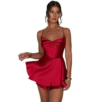 Summer Solid Color Backless Sexy Fashion Satin Lady Short Strap Dress Elegant Sweet Strap Pullover Women's Mini Skirt New 23235