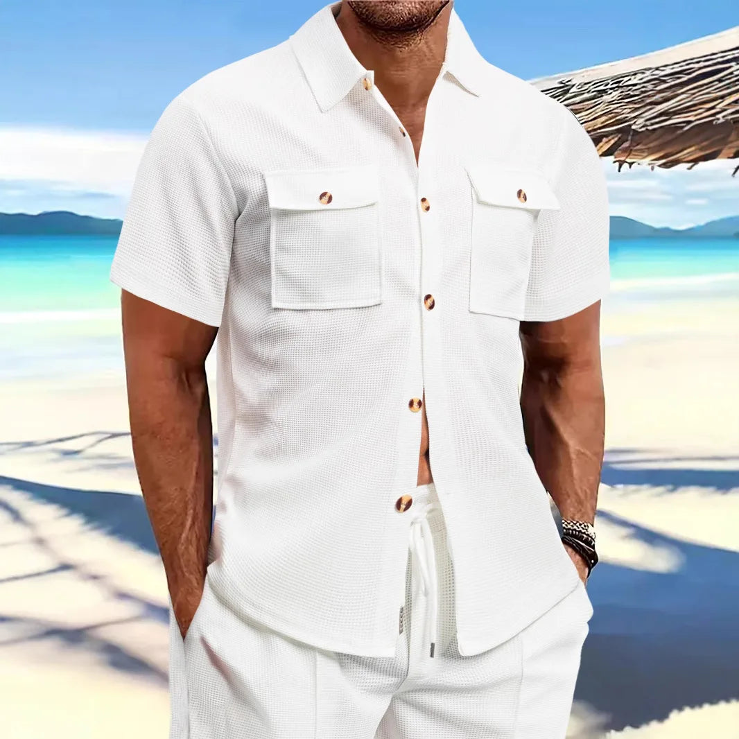 Spring and Summer Men's Shirts Short-sleeved Waffle Lapel Button Tops Pockets Fashion Versatile Casual Blouses for Male