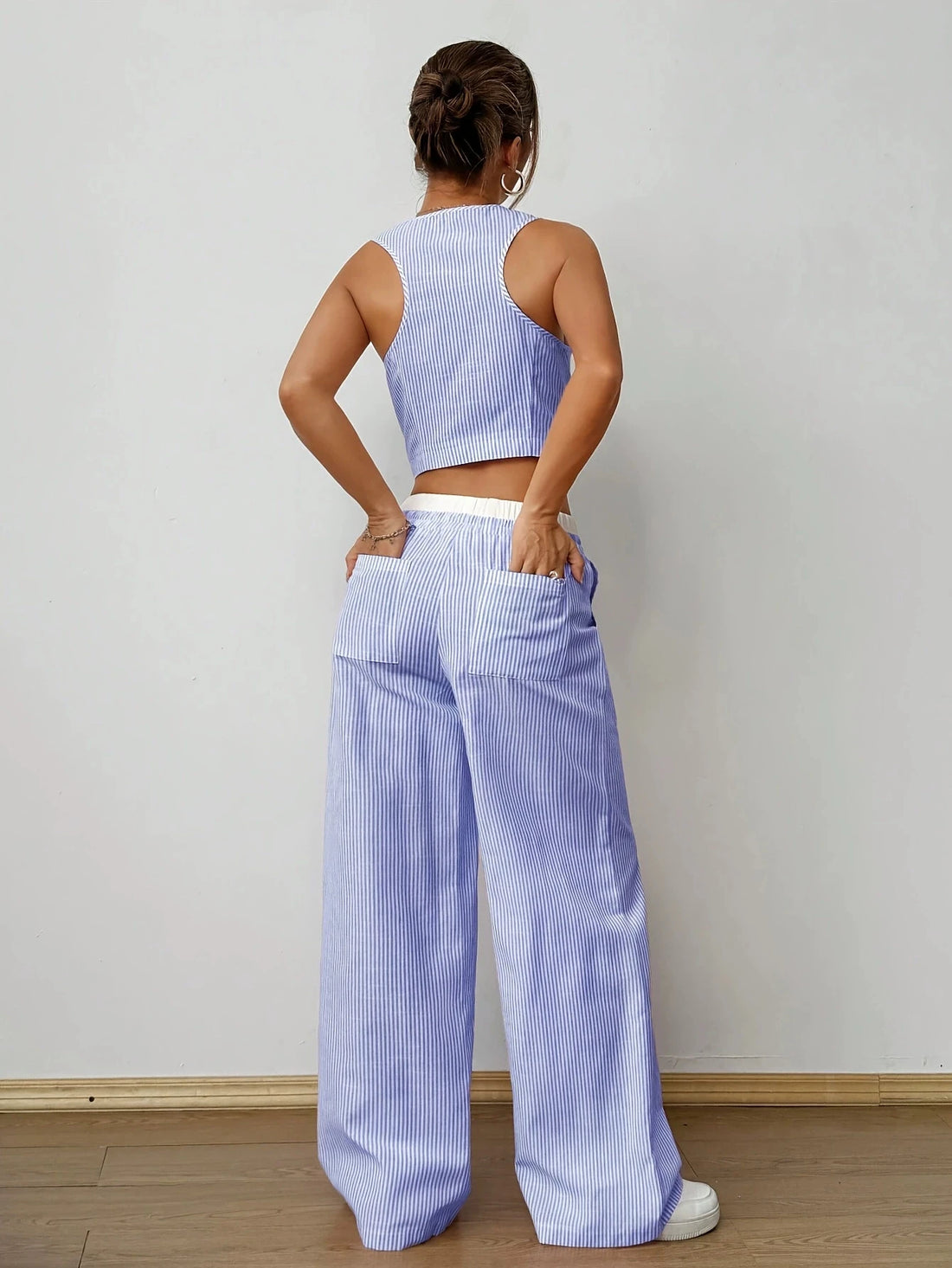2025 New Elegant Striped Sleeveless V-Neck Vest + Waist Contrast Color Trousers Two-Piece Set Summer Women Sets Fashion Suit Top