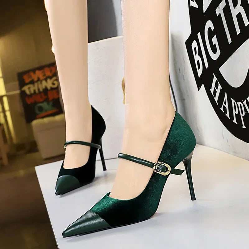 Women 7cm 10cm High Heels Pumps Lady Pointed Toe Metal Buckle Strap Mary Jane Stiletto Heels Blue Green Wine Red Suede Shoes