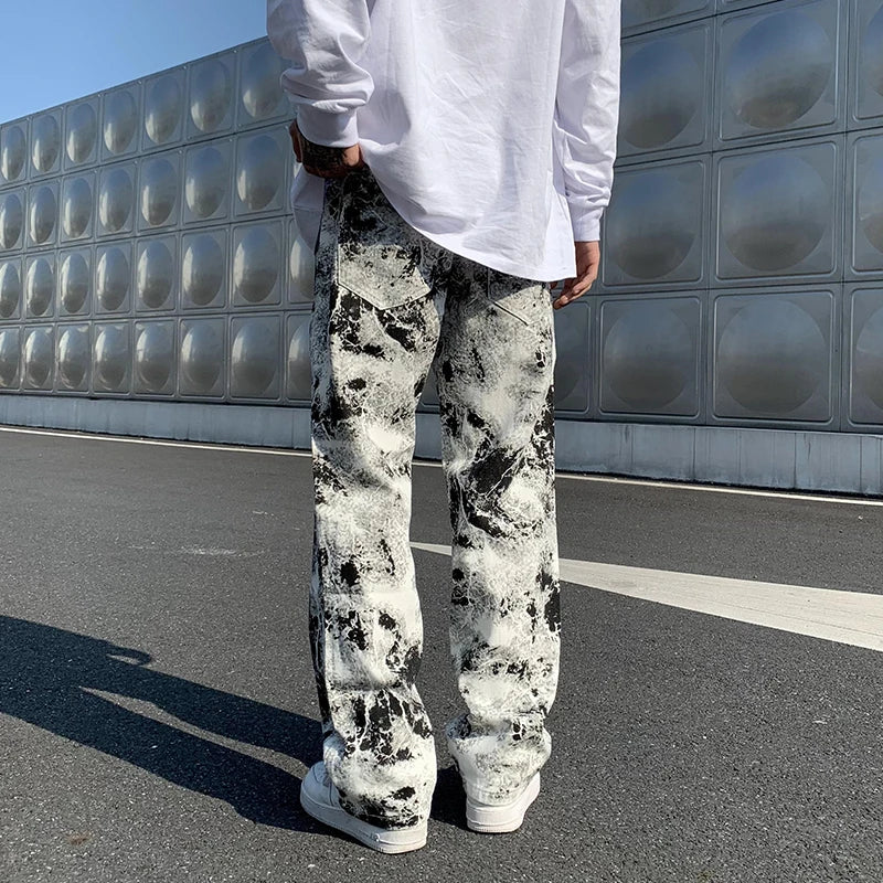 Printed jeans Unisex Elastic waist Spring 2025 Mopping Trousers Jeans Mens Fashion Korean Style High Street Loose Hip Hop Pants