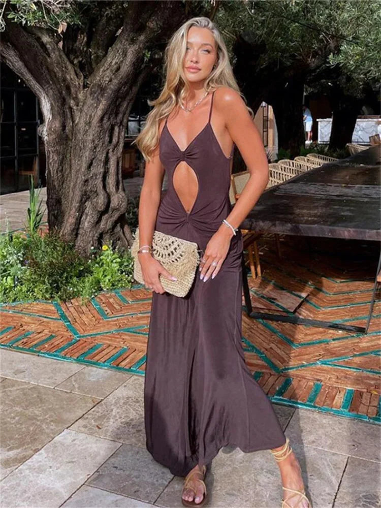 Women Evening Party Sexy Dress Sleeveless V Neck Cut Out Backless Long Dress Summer Beach Club Dresses Female