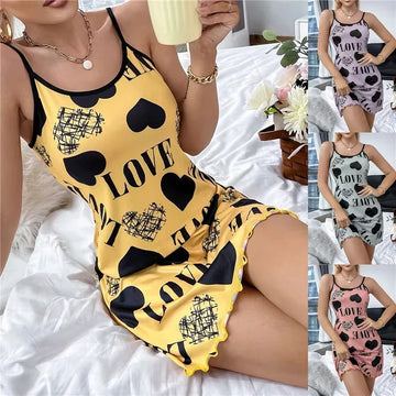 Summer New Women's Nightgown Beauty Back Thin Section Of Home Wear Sexy Halter Short Skirt Love Cartoon Cute Printing Pajamas