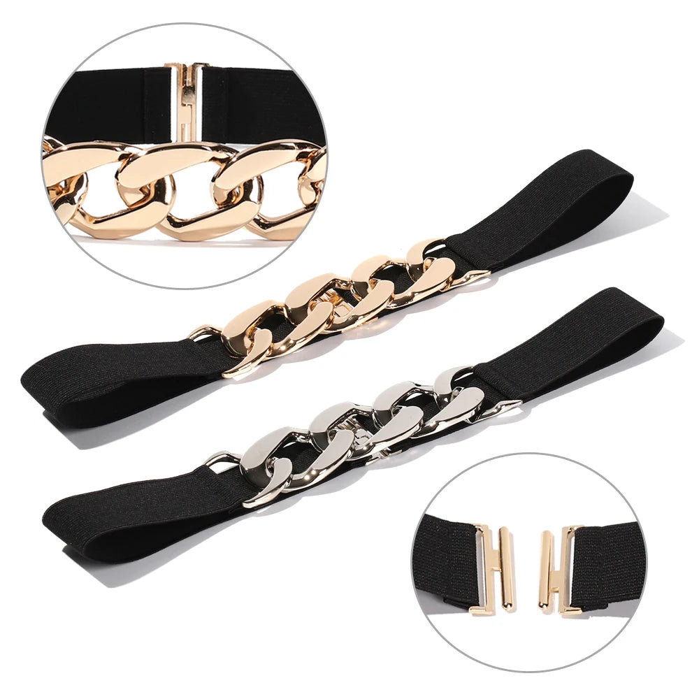 Elastic Women Belt Punk Fashion Women Elastic Belts Gold Silver Metal Chain Waist Strap For Dress Coat Suit Decorative Waistband