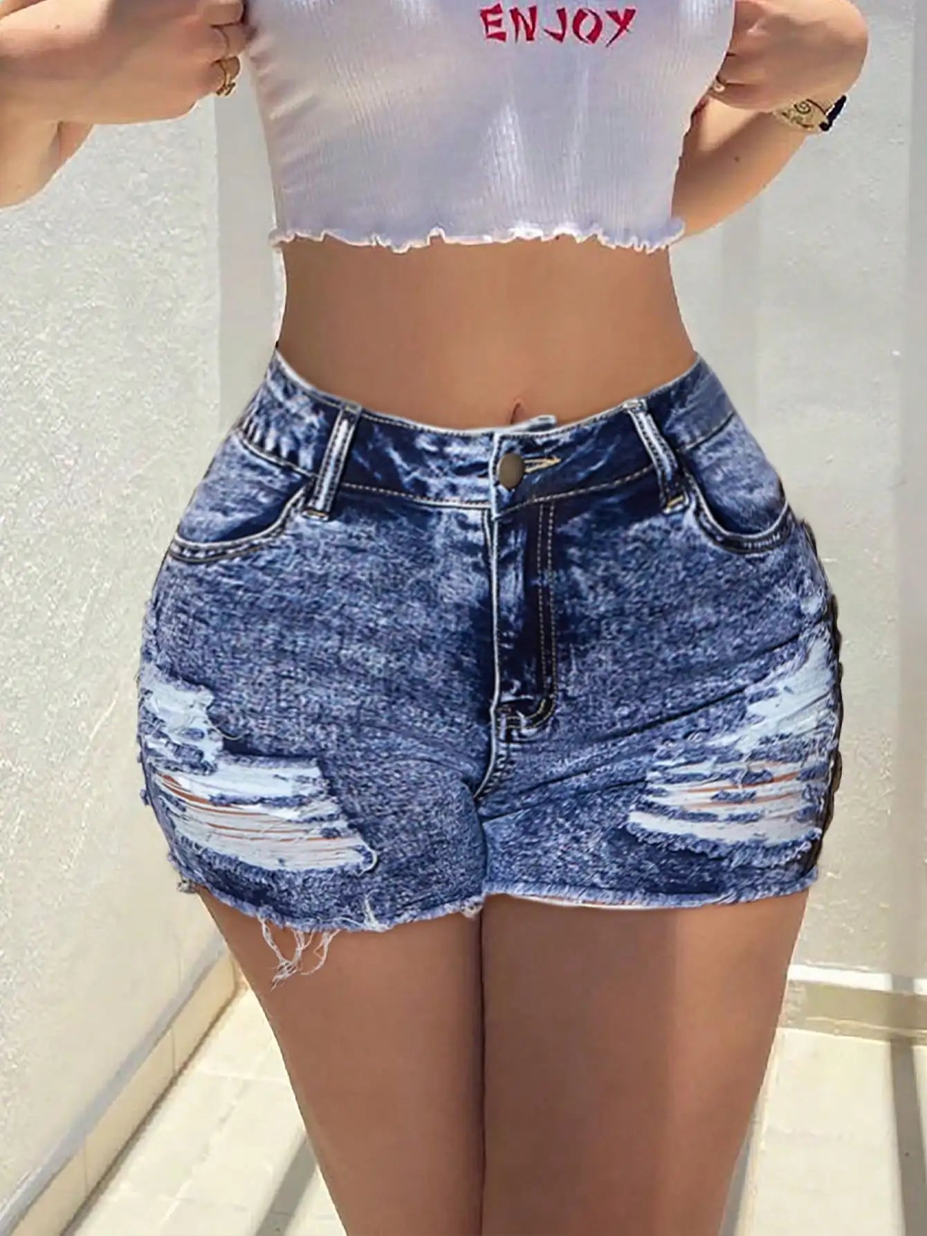 Rave Y2K Street High Stretch Slant Pocket Frayed Cut Out Ripped Raw Hem Denim Daily Casual Skinny Mini Shorts Hottie Outfit