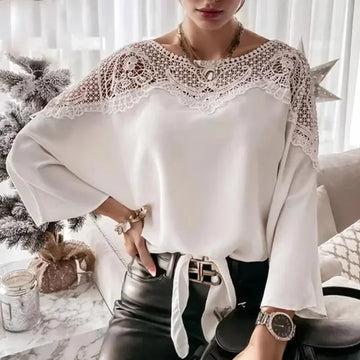 Fashionable Elegant Lace Blouse Casual O-neck Long Sleeved Women's Top Loose Women's Lace Up Solid Color Women's Shirt 12459