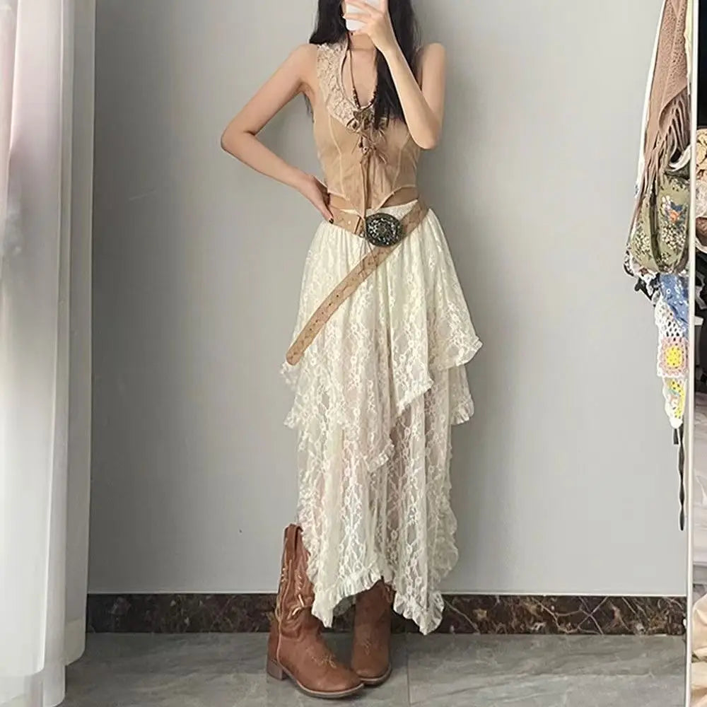 Skirts Women Y2k Spring Summer 2025 New In Korean Fashion Harajuku Long Maxi Skirt Woman Clothing Vintage Lace Women's Skirt