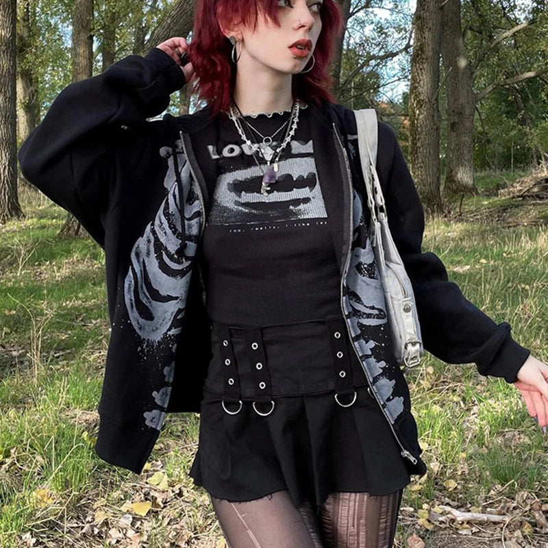Women's Dark Aesthetic Hoodies Gothic Punk Skull Print Sweatshirt Long Sleeves Casual Hooded Coat y2k Fairycore Grunge Clothes