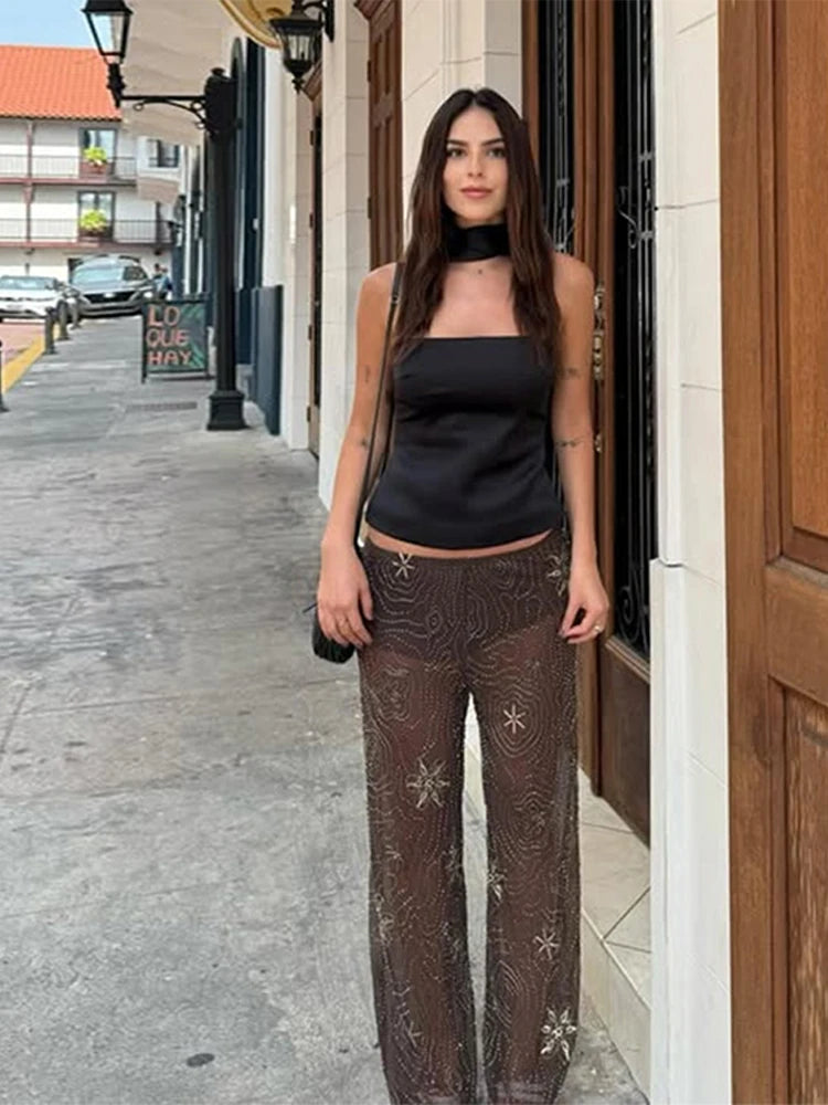 Sequined Five-pointed Star Pants Women Y2k Elastic Waist Wide Leg See Through Trousers Female 2025 Summer Lady Party Streetwear