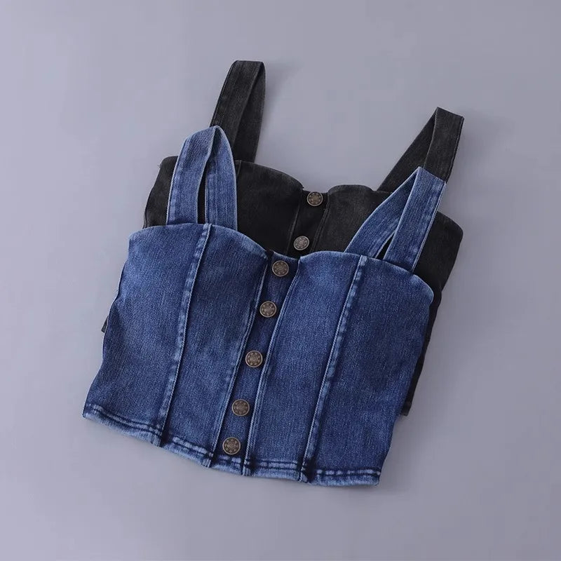 2024 New  Women's Slim Cropped Denim Vest Stretchy  Jean Sports Bra Tank Top With Bra Pad