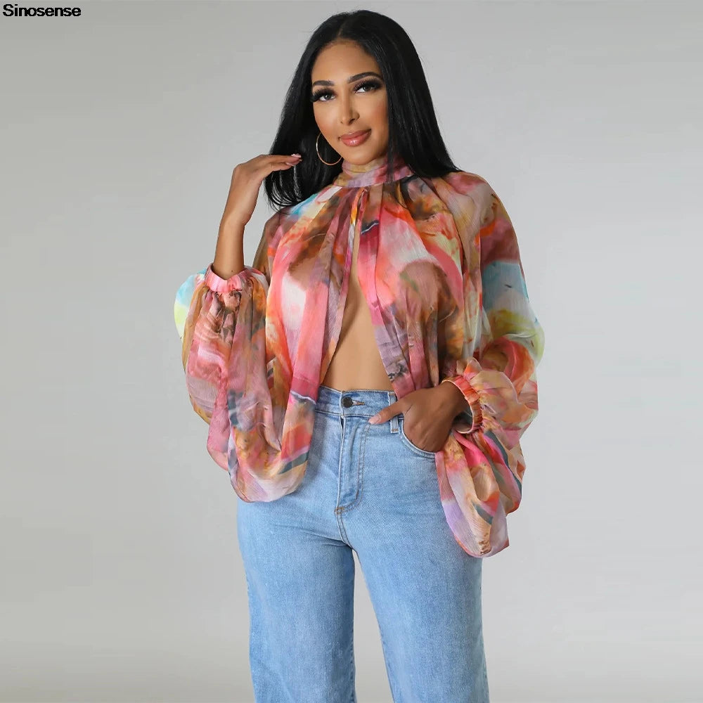 Women Chiffon Blouses Sexy Sheer See Through Front Back Open High Neck Self Tie Shawl Casual Shirts Y2K Night Club Party Tops