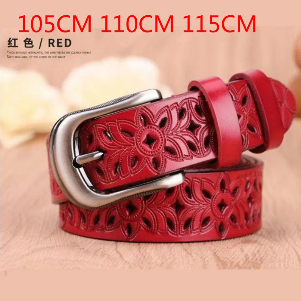 2024 Red Woman Second Layer Cowskin Belt Genuine Leather Belts Vintage Pin Buckle Strap Jeans Accessories 105cm 115cm