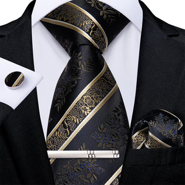 Men's Tie Set with Clip Luxury Retro Striped Floral 8cm Necktie Handkerchief Cufflinks Wedding Party Business Accessories Gift