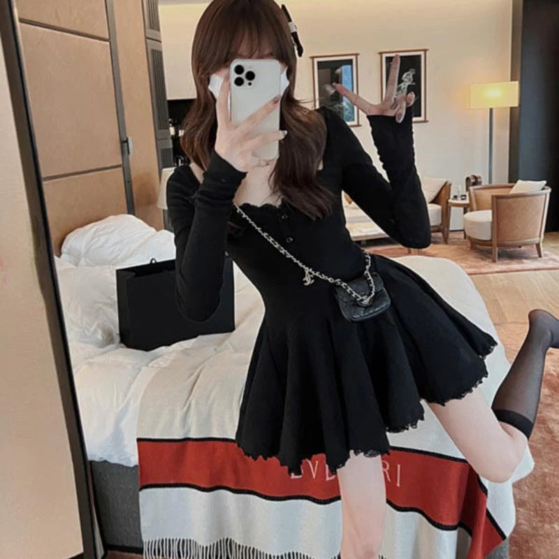 High Waist Mini Dress Women Long Sleeve Fall Sexy Girls Casual Simple Ball Gown Ins Fashion All-match Vestidos Mujer Sweet Young