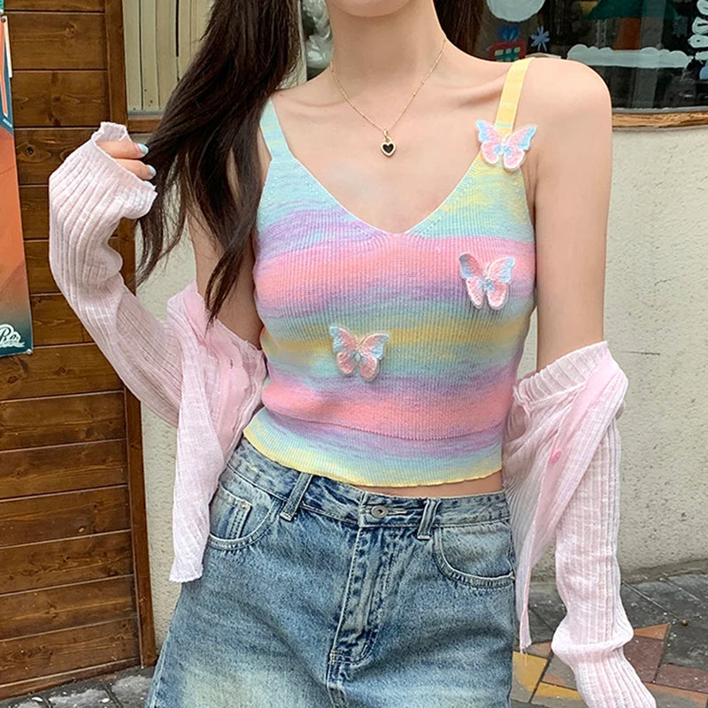 Women's Summer Korean Kawaii Gradient Color Slim Tank Tops Sleeveless V Neck 3D Butterfly Knitted Mini Vests Streetwear Clubwear