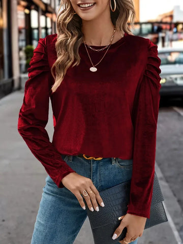 Autumn New Women's Round Neck Puff Long Sleeve Velvet Fashion Top T-shirt