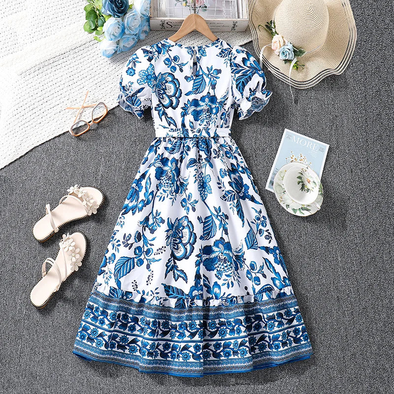 Kids Dress For Girls Blue Flower Long Dress And Detachable Belt Elegant Style Stylish Summer Vacation Daily Children Clothes