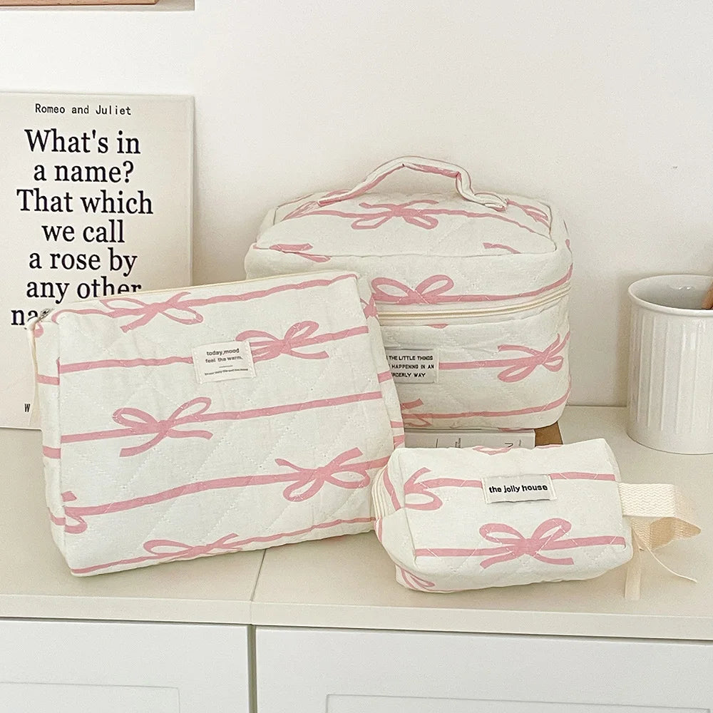 Wholesale Bowknot Women's Makeup Bag Portable Tote Quilting Cosmetic Storage Pouch Handbag Make Up Large Cpapcity Zipper Bag