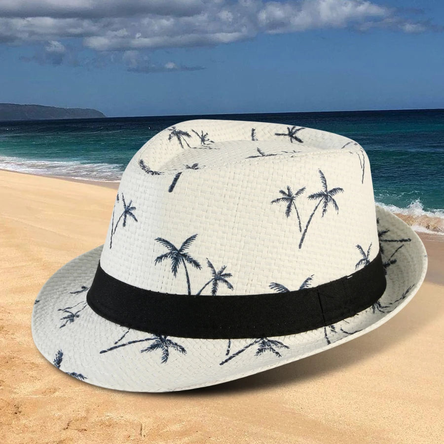 Top hat men's small eave paper grass jazz hat summer grass woven sunshade coconut tree printed beach sunshade hat