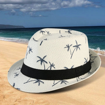 Top hat men's small eave paper grass jazz hat summer grass woven sunshade coconut tree printed beach sunshade hat