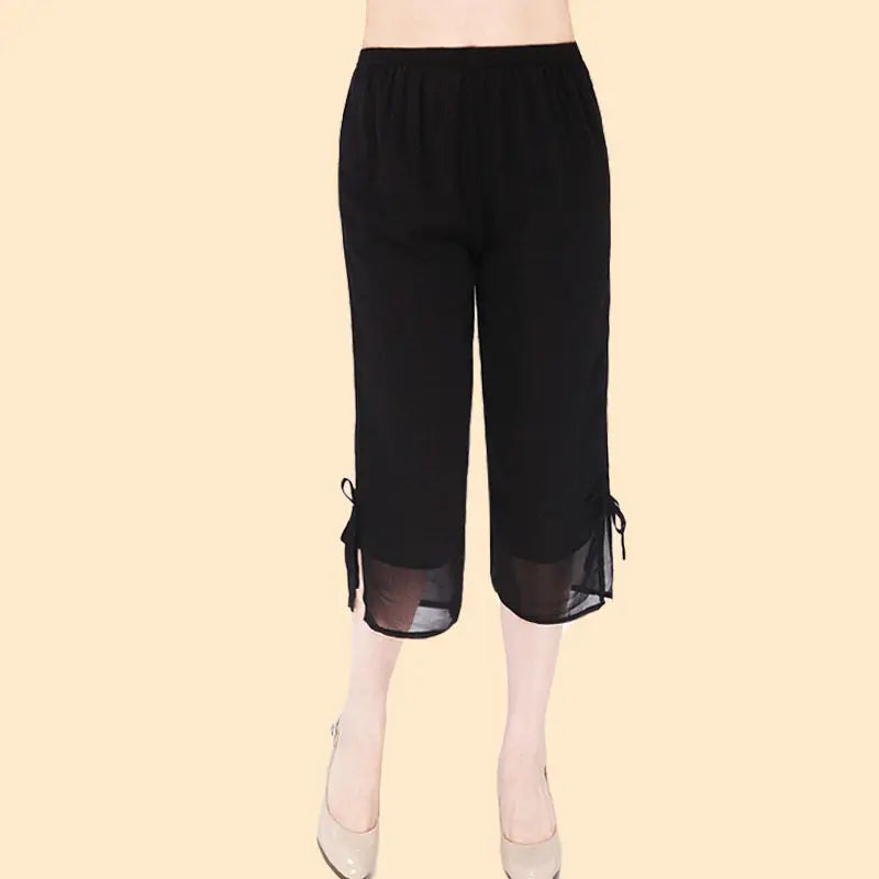 Ladies Casual Korean Lacing Solid Color Chiffon Elastic Waist Wide Leg Pants Summer Simplicity High Waist Calf-Length Pants