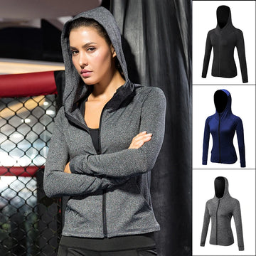 Women Sport Running Jacket Zipper Yoga Coat Training Fitness Yoga Sport Running Hoodies Gym Workout Hooded Top