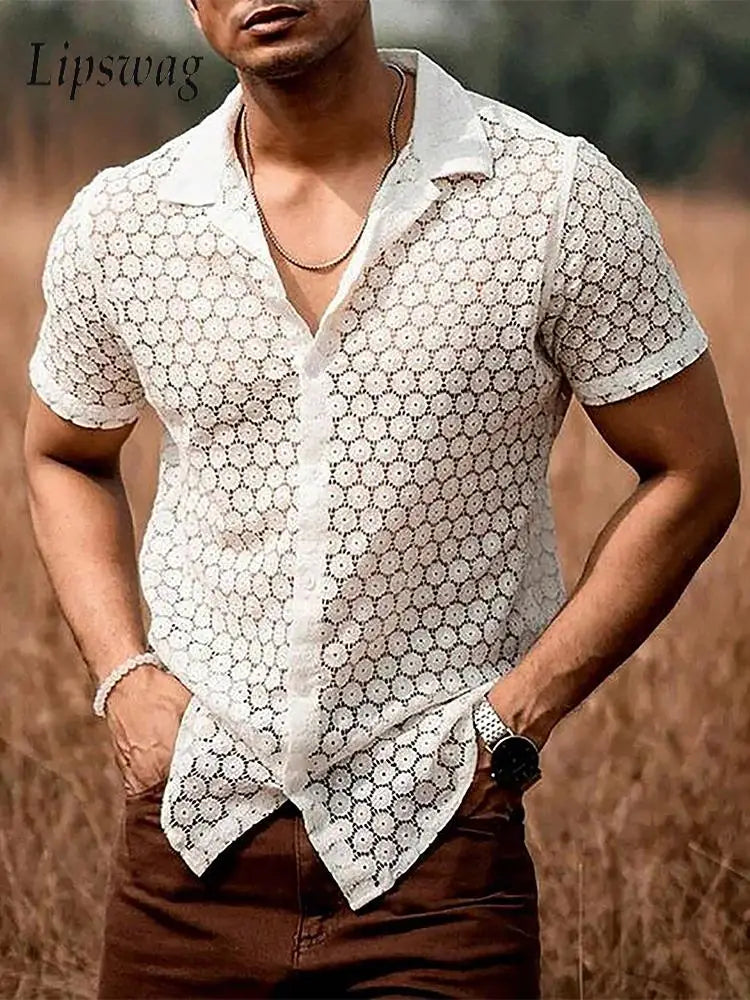 Sexy Mens Lace Shirts Embroidery See Through Hollow Out Knitted Mesh Shirt Men Summer Outdoor Fashion Short Sleeve Knit Shirts
