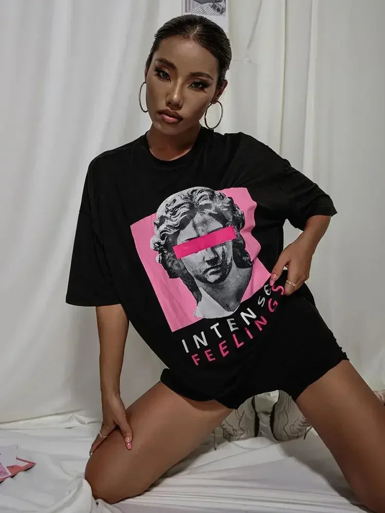 Graphic T Shirts Intense Feelings Drop Shoulder Tee T-Shirts Women Loose Streetwear Hip Hop Top Y2k Oversize Tops Men T Shirts