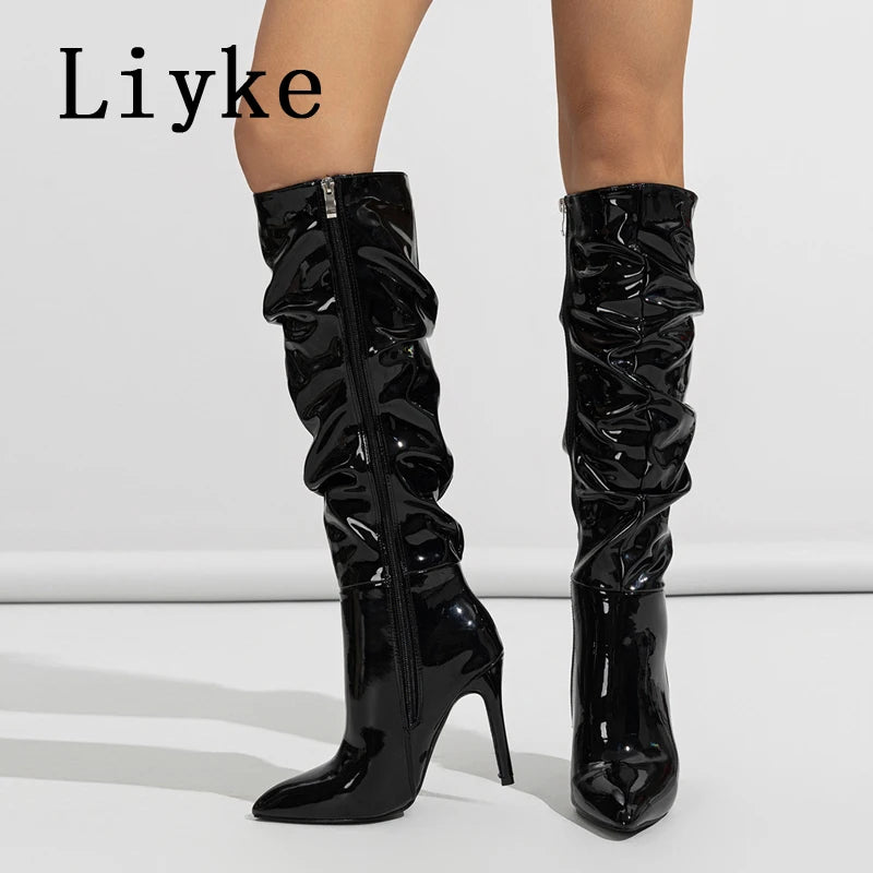 Liyke Fashion Design Pleated Patent Leather Knee High Boots Women Red Pointed Toe Zip Stiletto Heels Party Shoes Booties Female