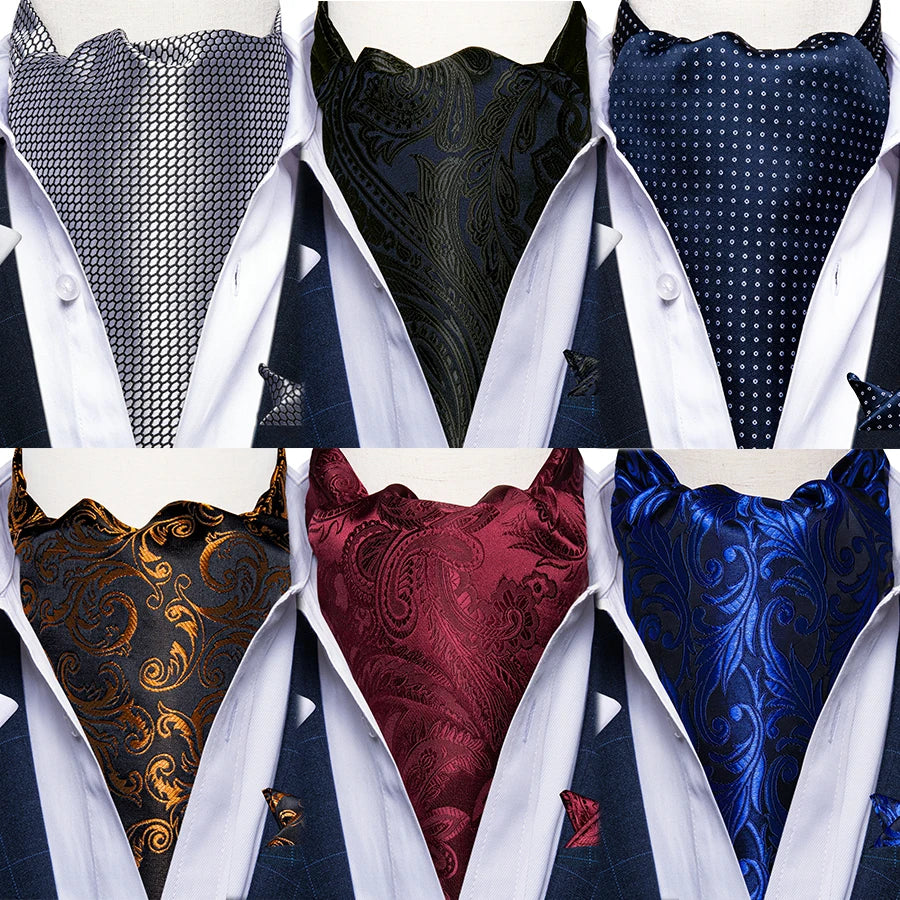 Silver Black Plaid Men's Ascot Tie Handkerchief Cufflinks Vintage Jacquard Floral Paisley British Gentleman Polyester Neck Tie