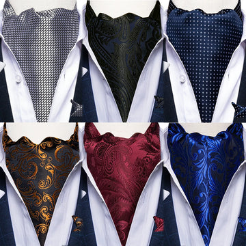 Silver Black Plaid Men's Ascot Tie Handkerchief Cufflinks Vintage Jacquard Floral Paisley British Gentleman Polyester Neck Tie