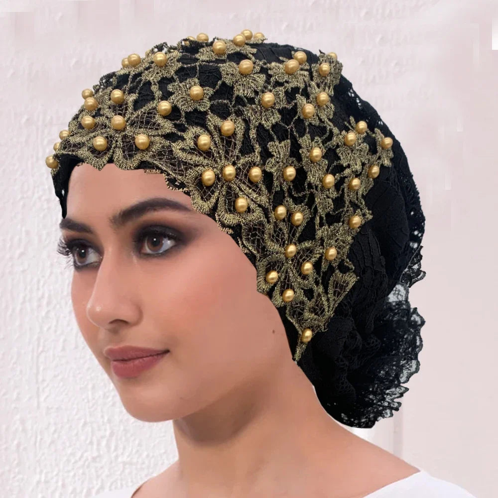 Muslim Headscarf Hat Hairloss Chemo Cap African Headwrap Bonnet Embroidery Beading Turban Cap for Women