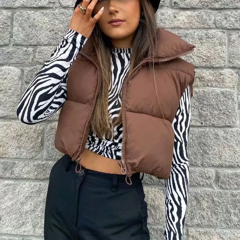 Fashion Short Down Vest Women Winter Autumn Warm Stand Collar Sleeveless Coats Outdoor Quilted Travel Jackets Zip Up Waistcoat