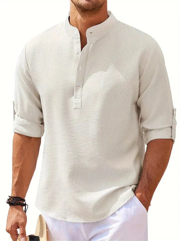 Men's Spring Shirts Solid Color Casual Henry Neck Long Sleeve Outdoor Simple Male Waffle top Thin Button Tops